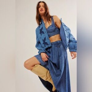🆕 FREE PEOPLE 2-Piece Maddox Denim Skirt + Top Set in Blue Shadow